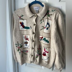 Alfred Dunner cotton ramie Beige Cardigan with Festive winter Embroidery